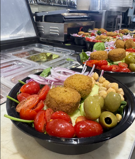 Falafel bowls from a plaza vendor