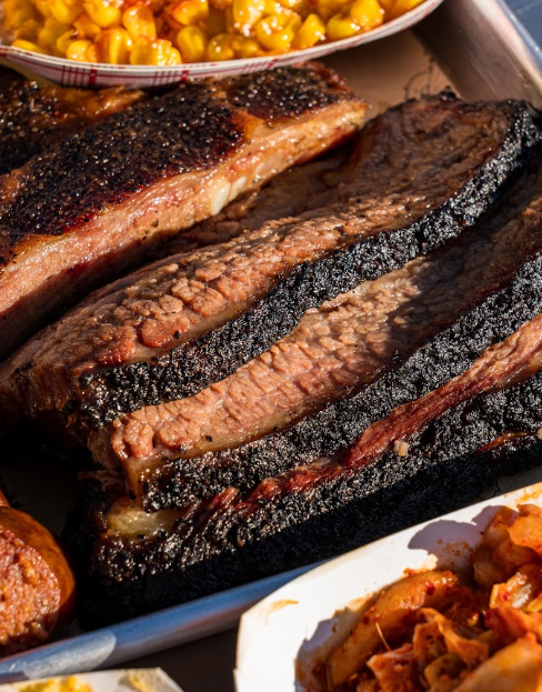 Tray of freshly sliced brisket