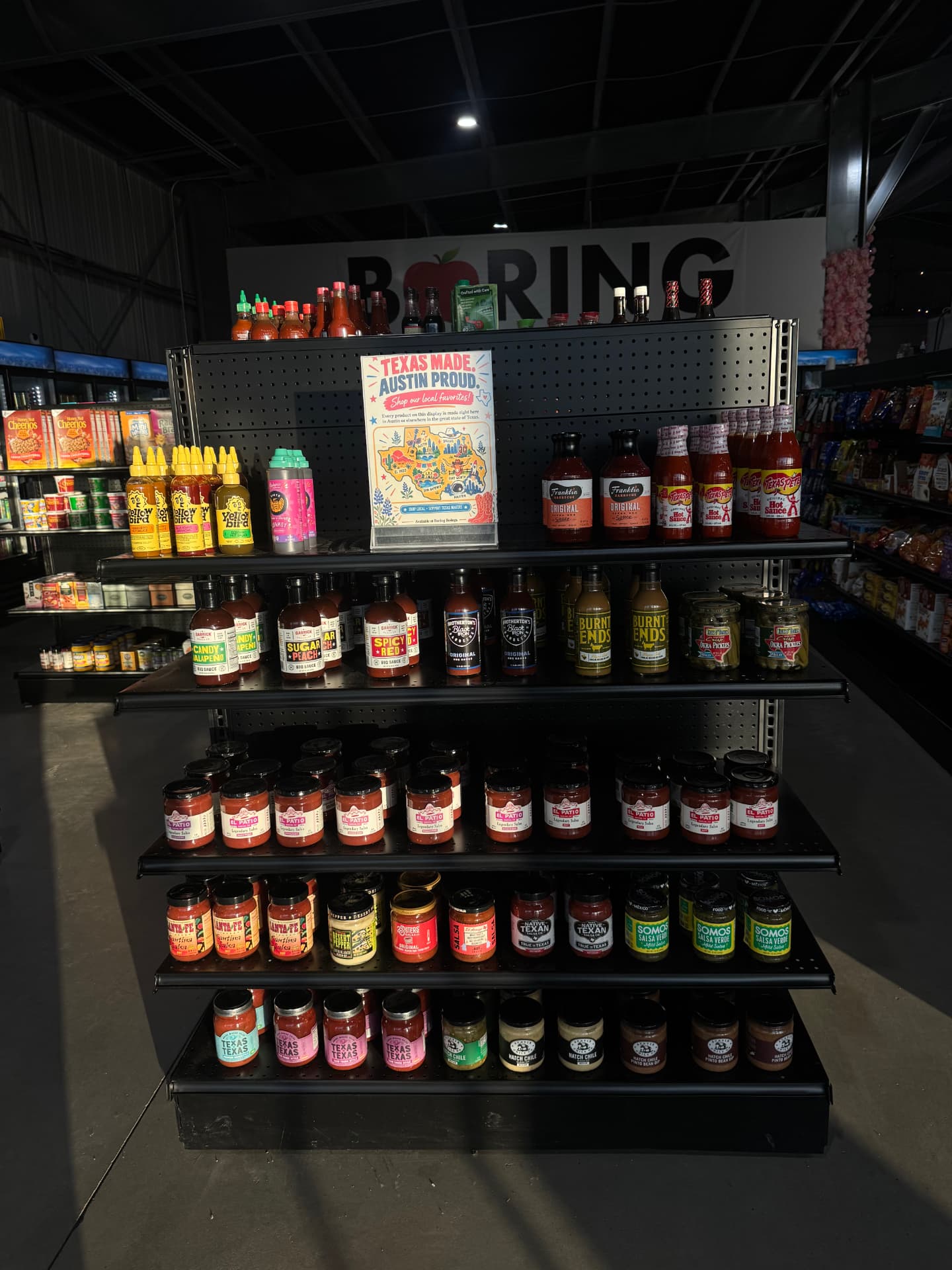 Texas Made, Austin Proud local sauce and salsa display at The Boring Bodega